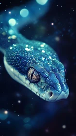 Cosmic blue serpent with luminous scales in deep void.