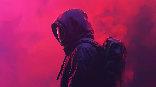 Hooded figure with backpack in neon pink smoke field.