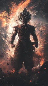 Fiery energy aura around muscular anime warrior figure.