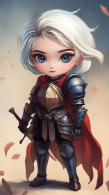 Chibi-style white haired knight in ornate armor stands poised.