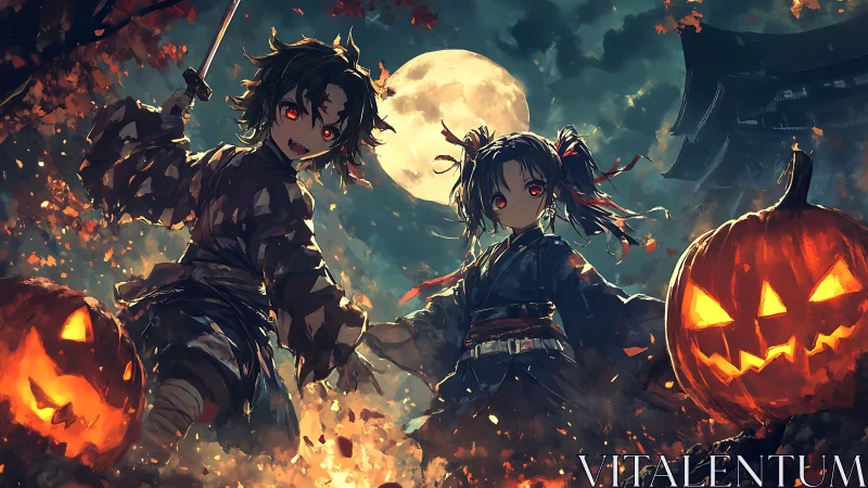 Moonlit tricksters among blazing pumpkins on Halloween night.