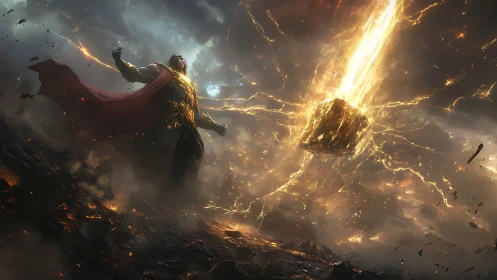 Mythic warrior commands molten meteor amid storming sky.