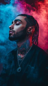 Calm rebel in neon smoke between blue and ember light.