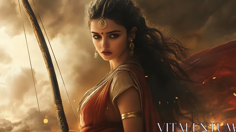 Warrior princess stands poised beneath stormlit skies.