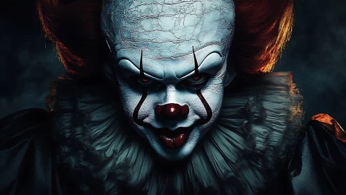 Sinister horror clown stares forward under harsh low light