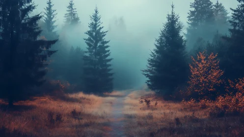 Misty forest pathway with coniferous trees and autumn vegetation