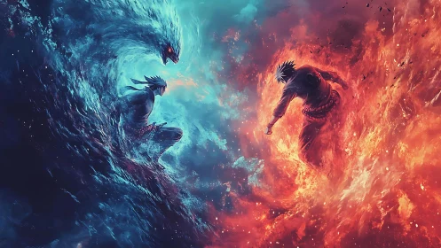 Elemental warriors collide in high-energy fire and water vortex