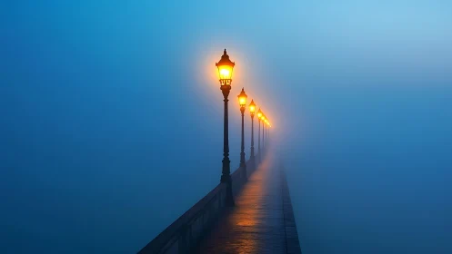 Foggy boardwalk with aligned streetlamps at blue twilight.
