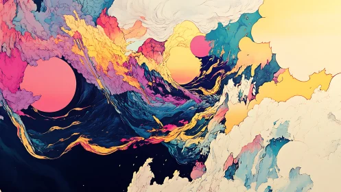 Abstract cosmic waves with layered pastel clouds and suns.