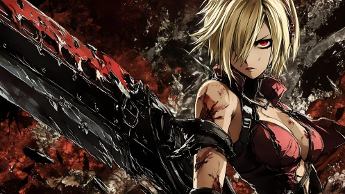 Battle-hardened anime warrior with oversized serrated blade stands ready