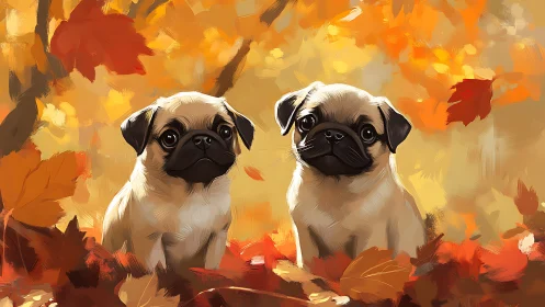 Twin fawn pug puppies in stylized autumn maple foliage
