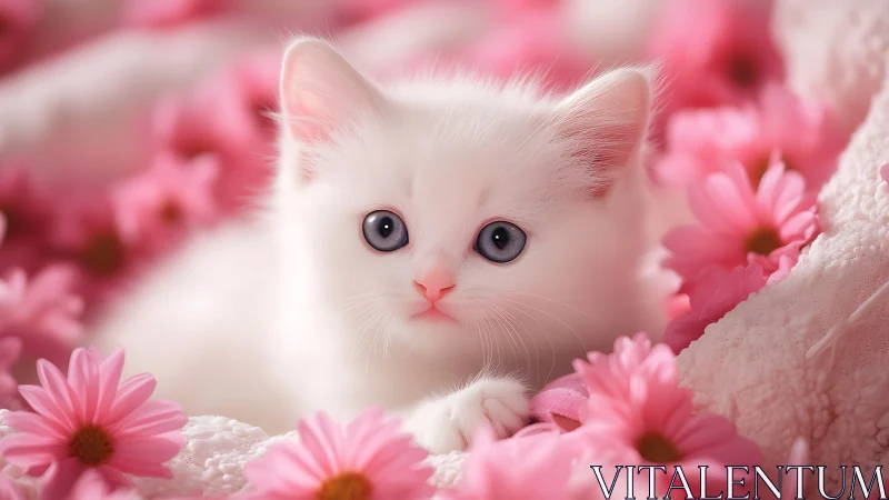 White Kitten Surrounded by Pink Flowers