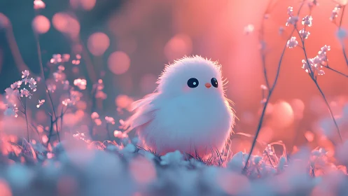 Fluffy white chick glows in dreamy pink meadow light.