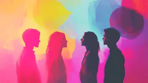 Silhouetted friends trade colors inside a glowing neon hush