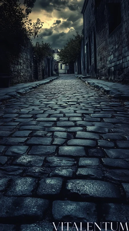 Low-angle cobblestone alleyway under dramatic storm sky.