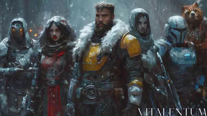 Bold winter guardians gathered in a fierce sci fi storm.