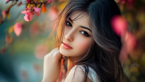 Digital portrait shows young woman framed by blurred blossoms