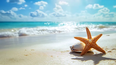 Starfish and seashell rest on sunlit shoreline in vivid focus