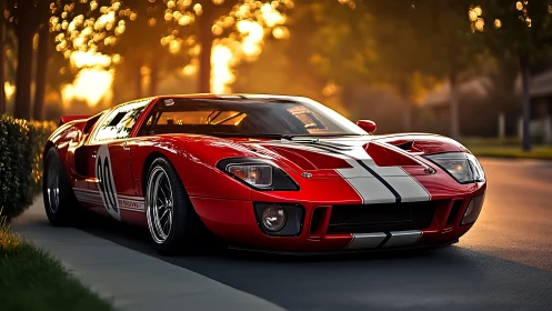 Low-slung red racing coupe in sunset-lit suburban streetscape.