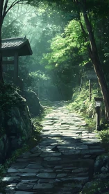 Sunlit stone path ascending through dense Japanese forest