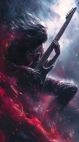 Backlit metal guitarist silhouette dissolves into red energy streams