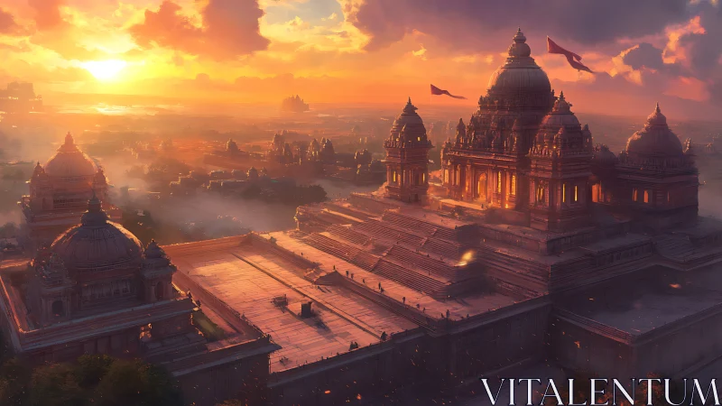 Sunlit terraced temple complex under volumetric dusk illumination.