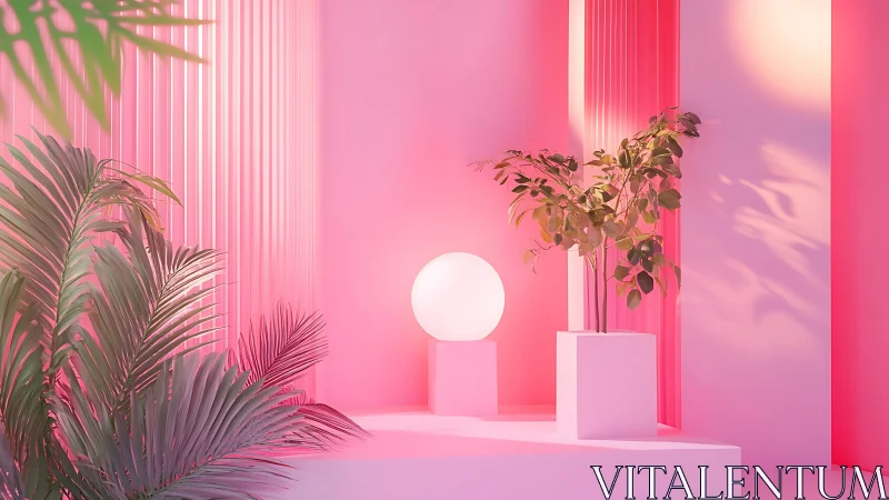 Pink studio plants frame glowing orb on geometric plinths.