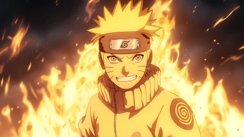 Anime character stands before stylized flames with determined gaze