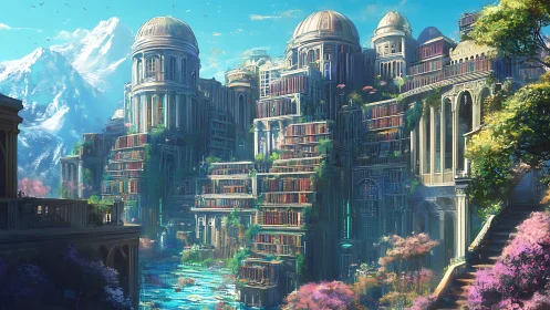 Terraced fantasy city with domed towers above river gardens