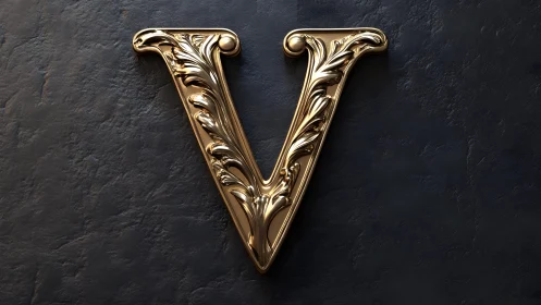 Ornate golden letter V with baroque detailing on dark textured background.