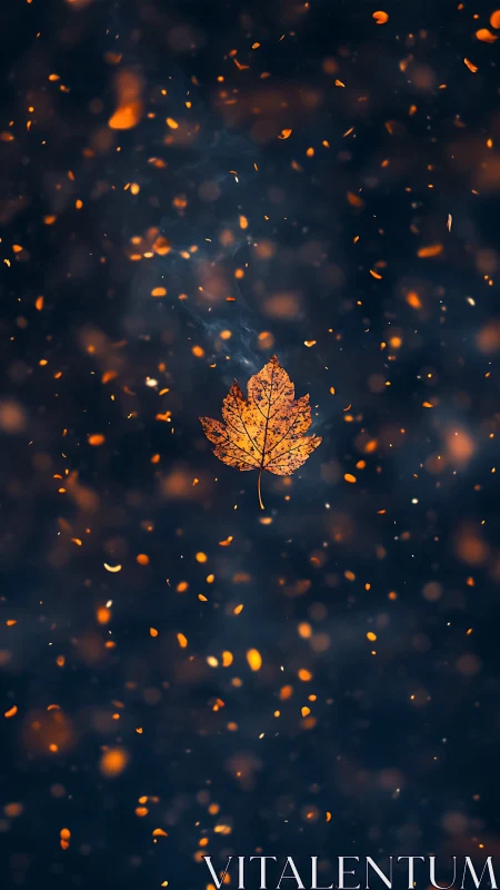Golden Autumn Leaf Dancing in the Night Sky.