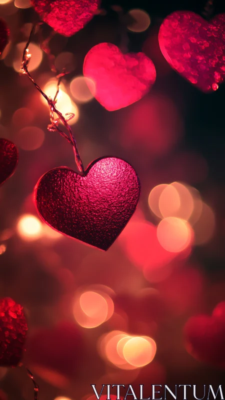 Glowing Red Heart Ornaments with Warm Bokeh Lights.