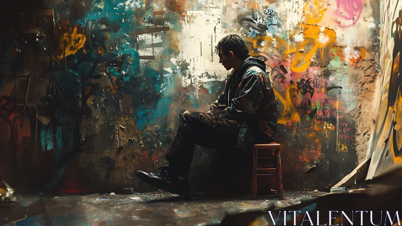 Solitary street artist rests in a vivid graffiti-splashed room