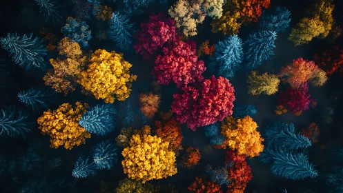 Autumn forest canopy in bold red, yellow and blue colors.