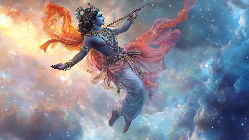 Divine blue deity drifts through iridescent cosmic nebulae