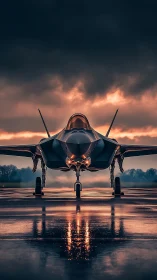 Dawnlit stealth jet waits like a metallic stormbird poised.