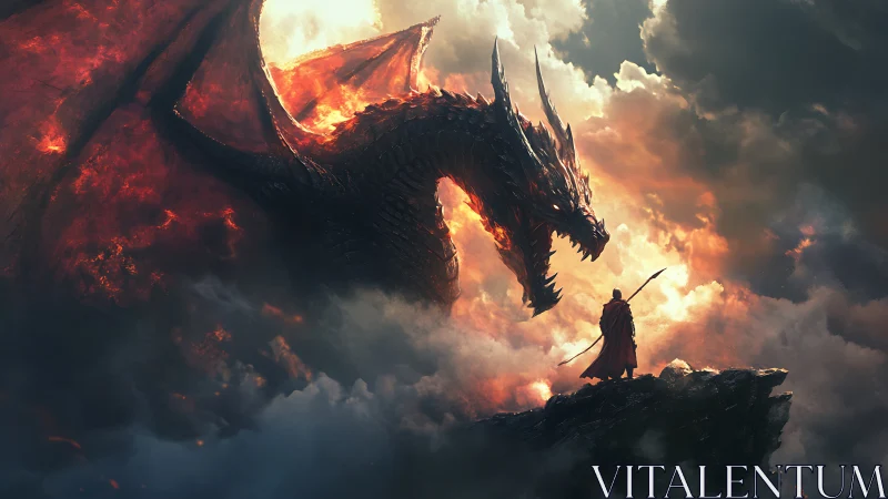 Blazing sky dragon confronts lone ember-robed archer hero.