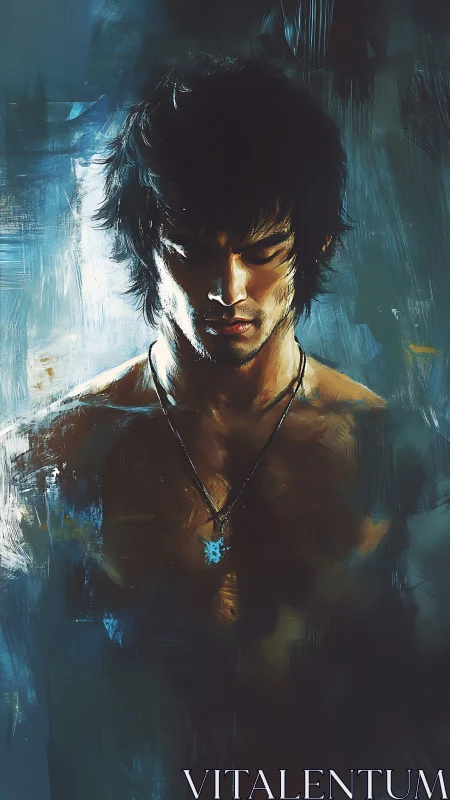 Brooding young man in blue light contemplates in shadow.