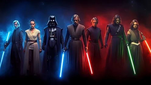 Star warriors line clash under vivid blue and red light.