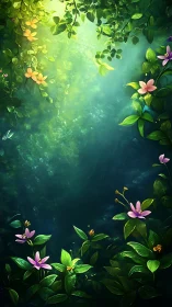 Lush green foliage and pink flowers around soft light shaft.