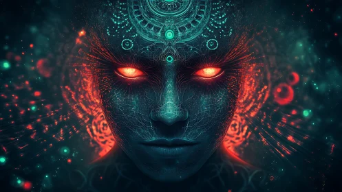 Cybernetic deity face with glowing red eyes in neon aura.