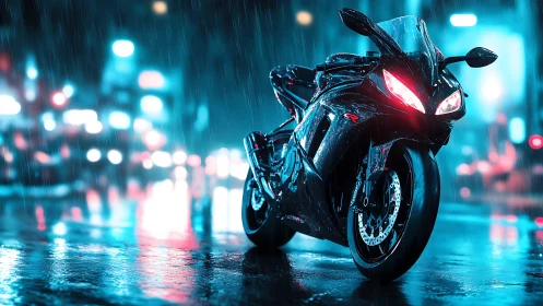 Sleek night motorcycle glowing in rainy neon city streets.