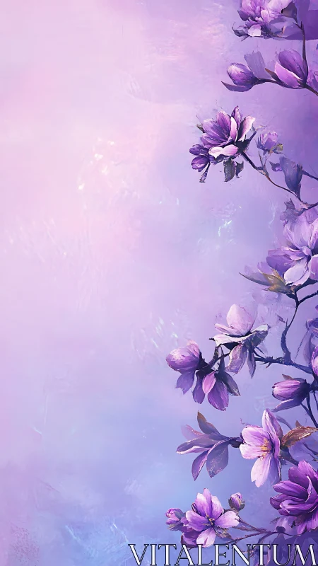 Purple Magnolia Branches Against Dreamy Gradient.
