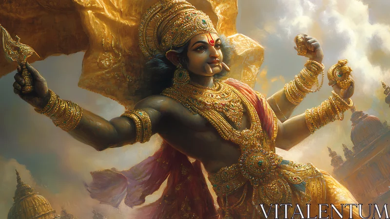 Divine warrior surges through golden skies above ancient temples