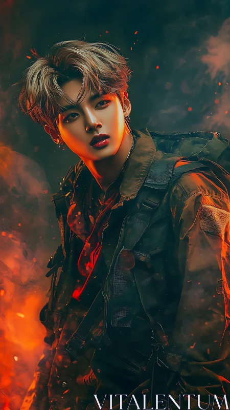 Digital painting portrait of soldier in ember-lit inferno environment.