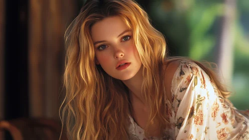 Golden hour portrait captures soft gaze and floral grace