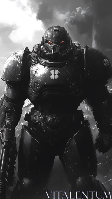 Armored exosuit trooper in monochrome battlefield rendering.