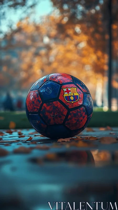 Autumn street football waits, gleaming in soft golden bokeh.