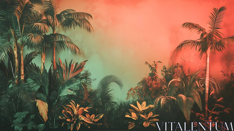 Bilateral neon-tinted tropical foliage under gradient haze