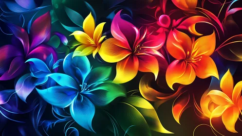 Neon garden bloomstorm swirling in rainbow midnight air.